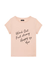 Front of the “Work Out, Feel Strong, Happy, Yes” Girls Slogan T-Shirt by Gen Woo