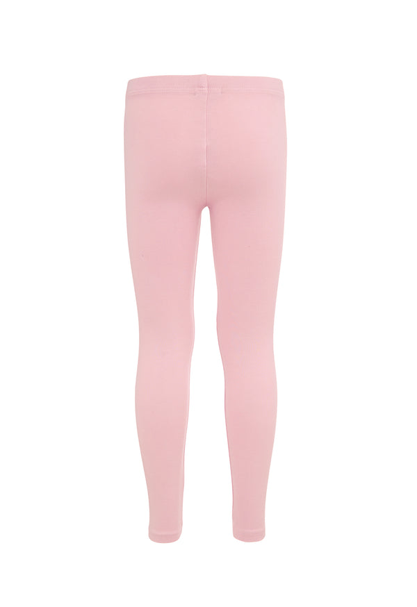 Girls legging by Gen Woo. Our ankle length legging comes with an elasticated waistband and has twin needle stitch finish at the hem. The pink coloured legging is soft and has comfortable fit. -Back view
