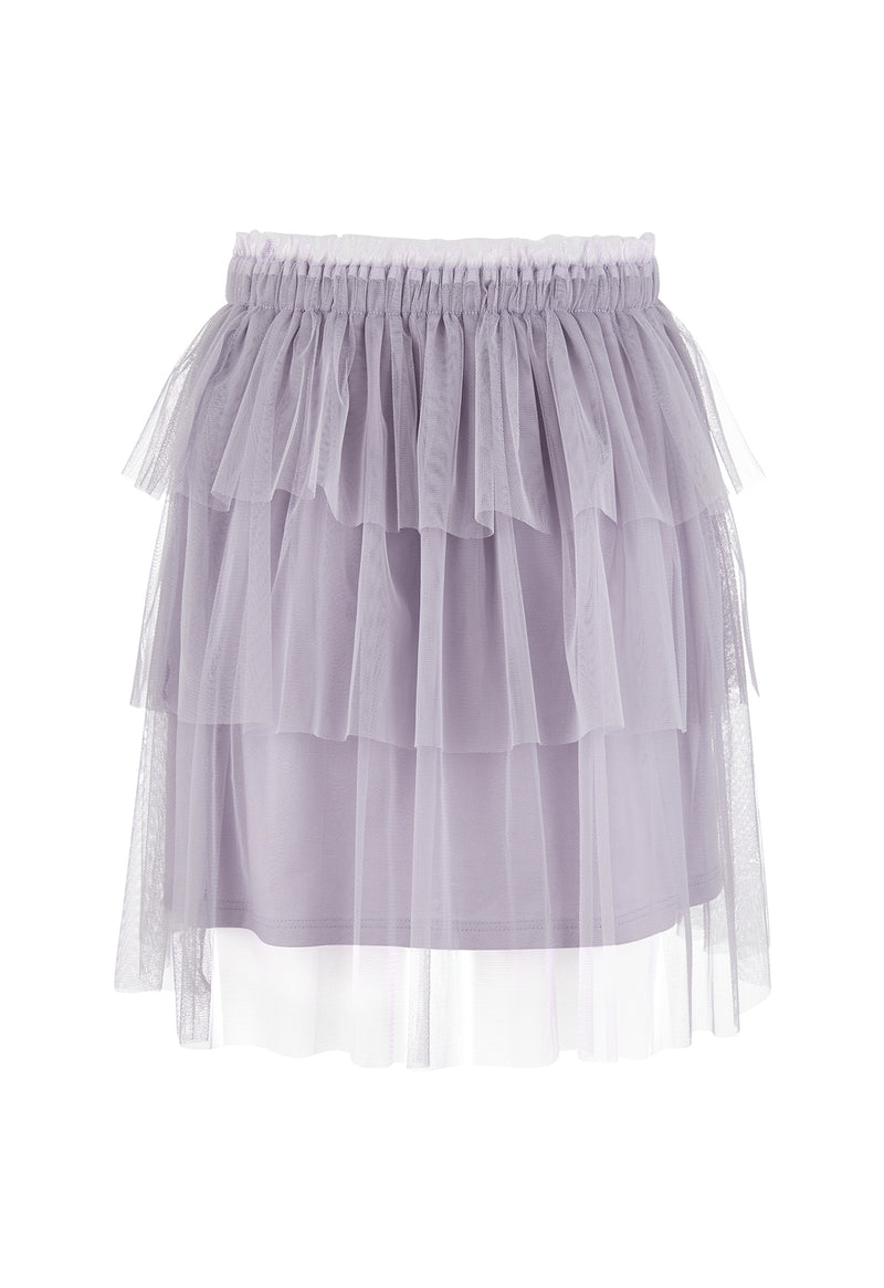 Front of the Purple Mesh Tiered Knee-Length Girls Skirt by Gen Woo