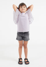 Model poses in Girls Lavender Tulle Sleeve T-Shirt by Gen Woo.