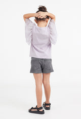 Back model view of Girls Lavender Tulle Sleeve T-Shirt by Gen Woo.