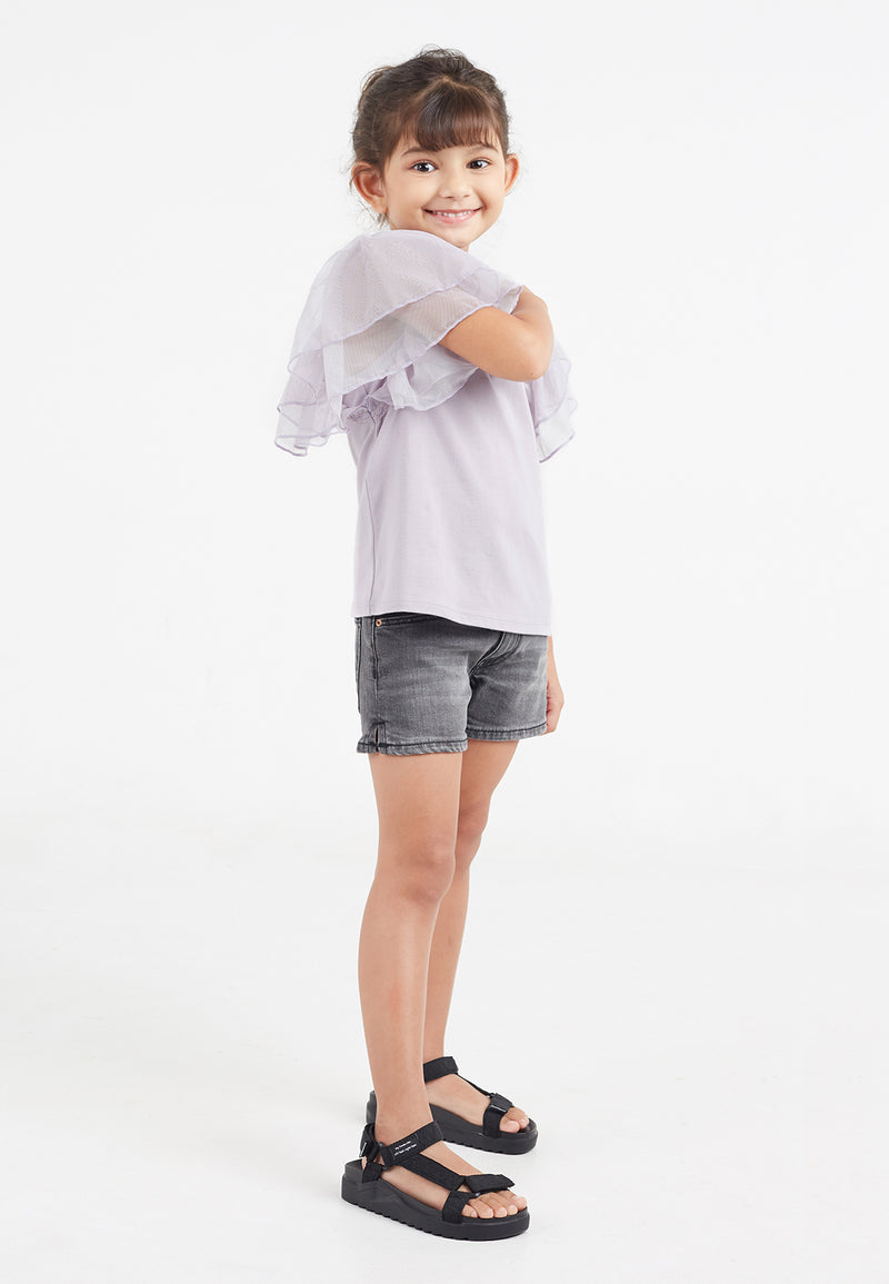 Side view of Girls Lavender Tulle Sleeve T-Shirt by Gen Woo.