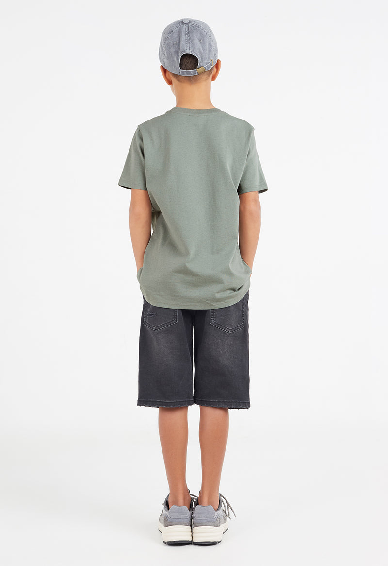 Boys T-shirt By Gen Woo. With a standard body fit and length, our sage crew neck T-shirt has 1x1 rib neck binding and twin needle stitch at the hem. – Back view