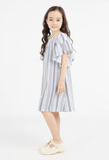 A young girl wears the Girls Striped Flutter Sleeve A-Line Dress by Gen Woo