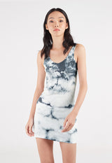 Close-up of the model wearing the Ribbed Tie Dye Mini Dress by Gen Woo