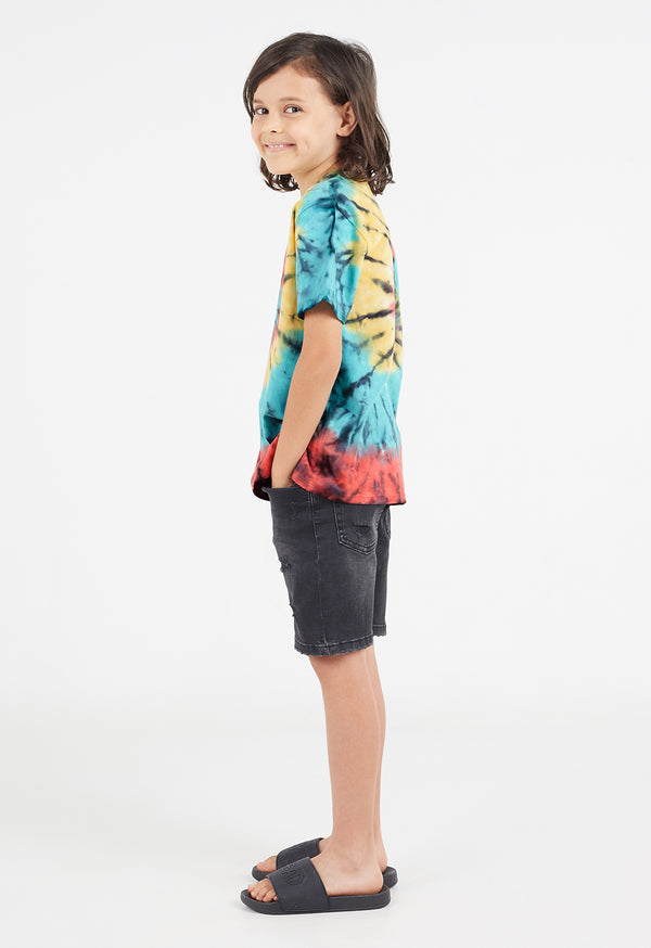 Boys T-shirt by Gen Woo. Featuring standard body fit and length, our spiral multi coloured tie dye crew neck t-shirt has 1x1 neck binding along with twin needle stitch at the hem. Please note that each tie dye piece is 100% unique.  – Side view