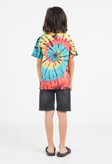 Back view as the young boy wears the Boys Multicolour Spiral Tie-Dye T-Shirt by Gen Woo