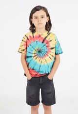 Boys T-shirt by Gen Woo. Featuring standard body fit and length, our spiral multi coloured tie dye crew neck t-shirt has 1x1 neck binding along with twin needle stitch at the hem. Please note that each tie dye piece is 100% unique.  – Front view