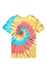 Boys T-shirt by Gen Woo. Featuring standard body fit and length, our spiral multi coloured tie dye crew neck t-shirt has 1x1 neck binding along with twin needle stitch at the hem. Please note that each tie dye piece is 100% unique.  –Back view