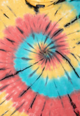 Boys T-shirt by Gen Woo. Featuring standard body fit and length, our spiral multi coloured tie dye crew neck t-shirt has 1x1 neck binding along with twin needle stitch at the hem. Please note that each tie dye piece is 100% unique.  – Close up view