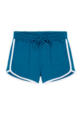 Front of the Blue and White Girls Retro Track Shorts by Gen Woo