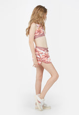 Side view of the Pink Camo Print Girls Sweat Shorts by Gen Woo