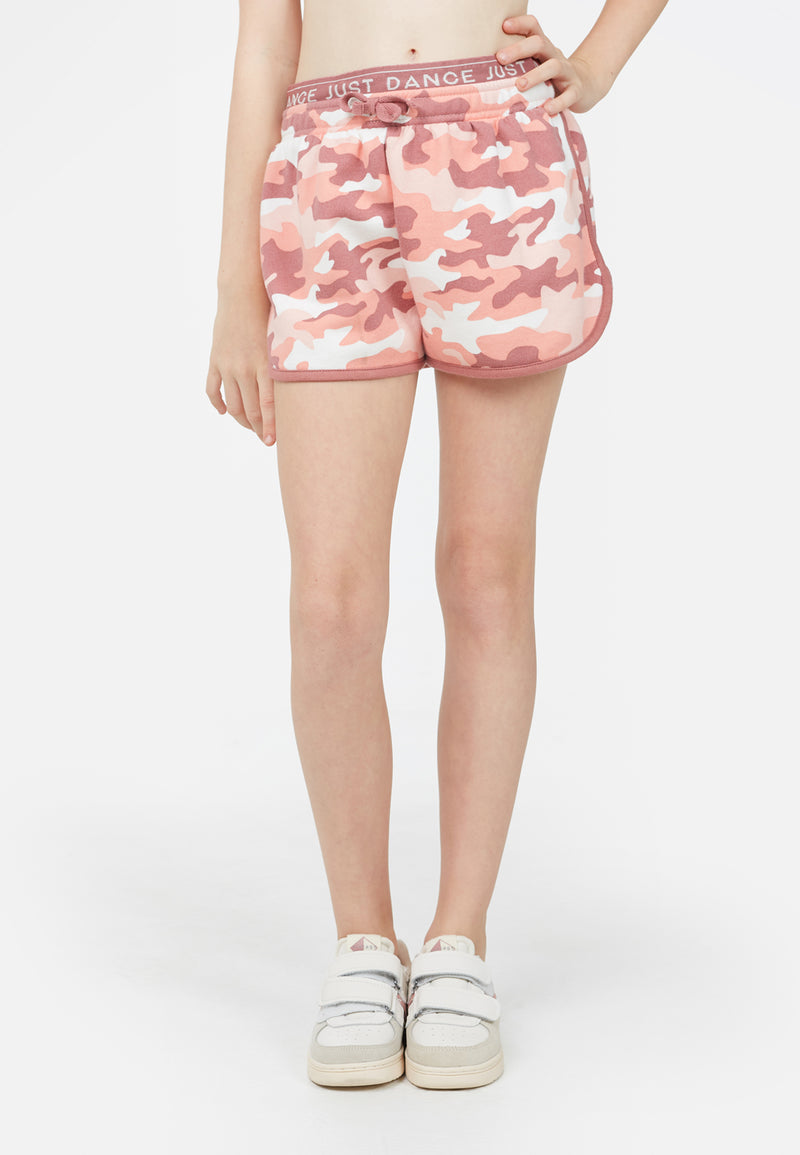Close-up of the young girl in the Pink Camo Print Girls Sweat Shorts by Gen Woo