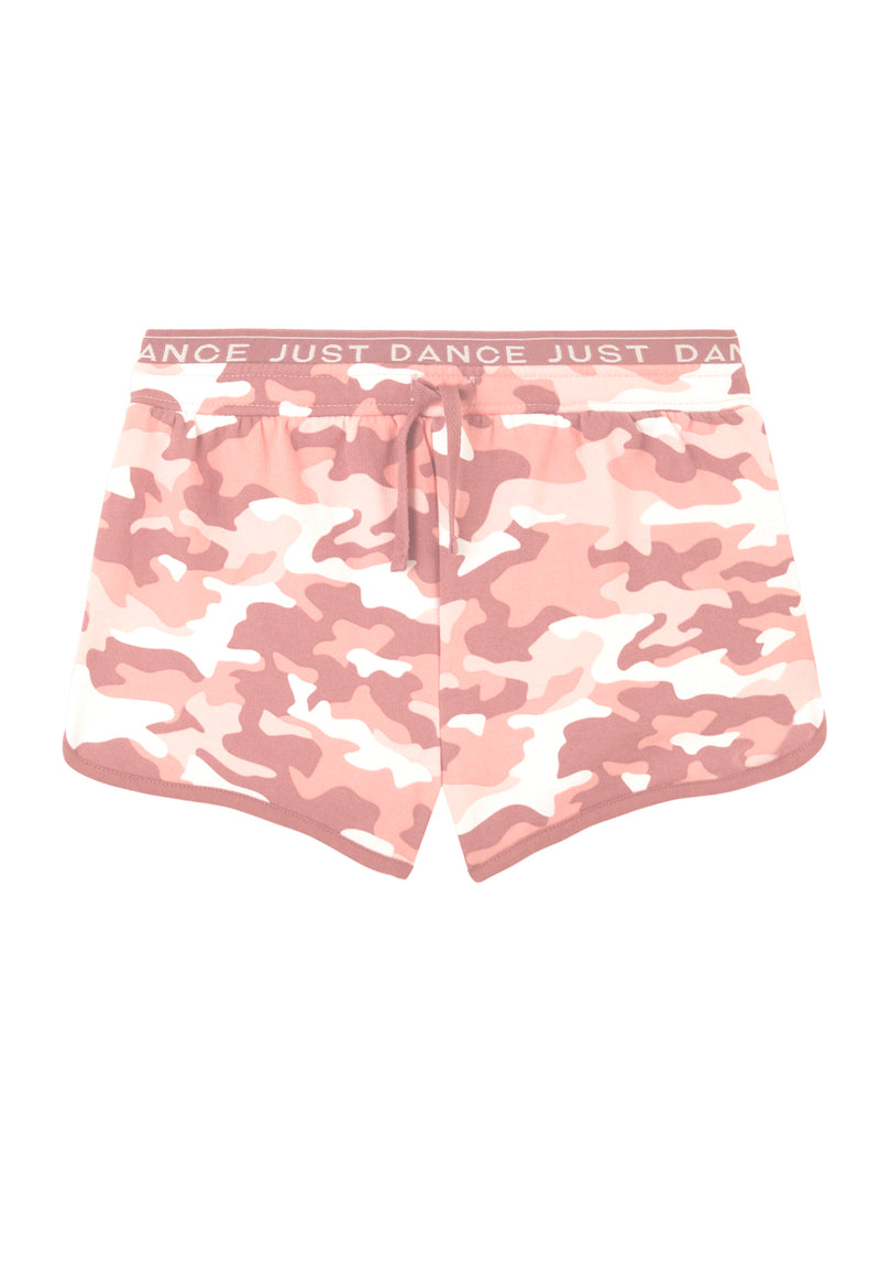 Front of the Pink Camo Print Girls Sweat Shorts by Gen Woo