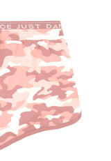 Close-up of the Pink Camo Print Girls Sweat Shorts by Gen Woo