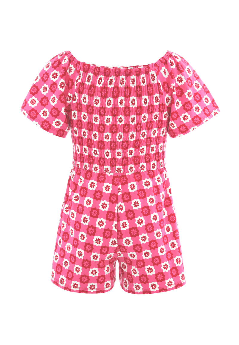 Back of the Retro Floral Print Pink Checkerboard Girls Playsuit by Gen Woo