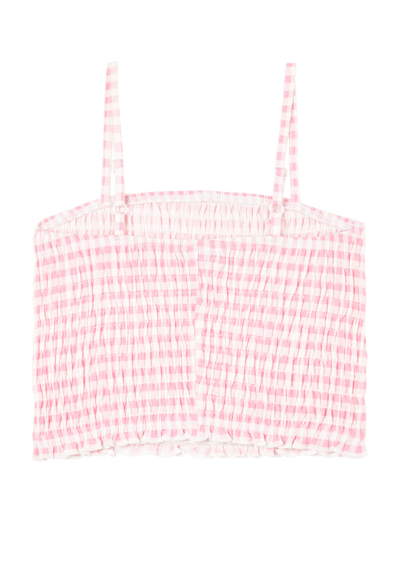 Back of the Gingham Shirred Strappy Girls Crop Top by Gen Woo