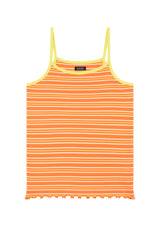 Front of the Orange Retro Stripe Girls Spaghetti Vest by Gen Woo
