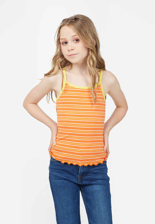 Teenage girl wears the Orange Retro Stripe Girls Spaghetti Vest by Gen Woo