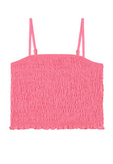 Front of the Pink Shirred Strappy Girls Crop Top by Gen Woo