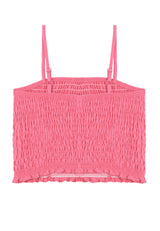 Back of the Pink Shirred Strappy Girls Crop Top by Gen Woo