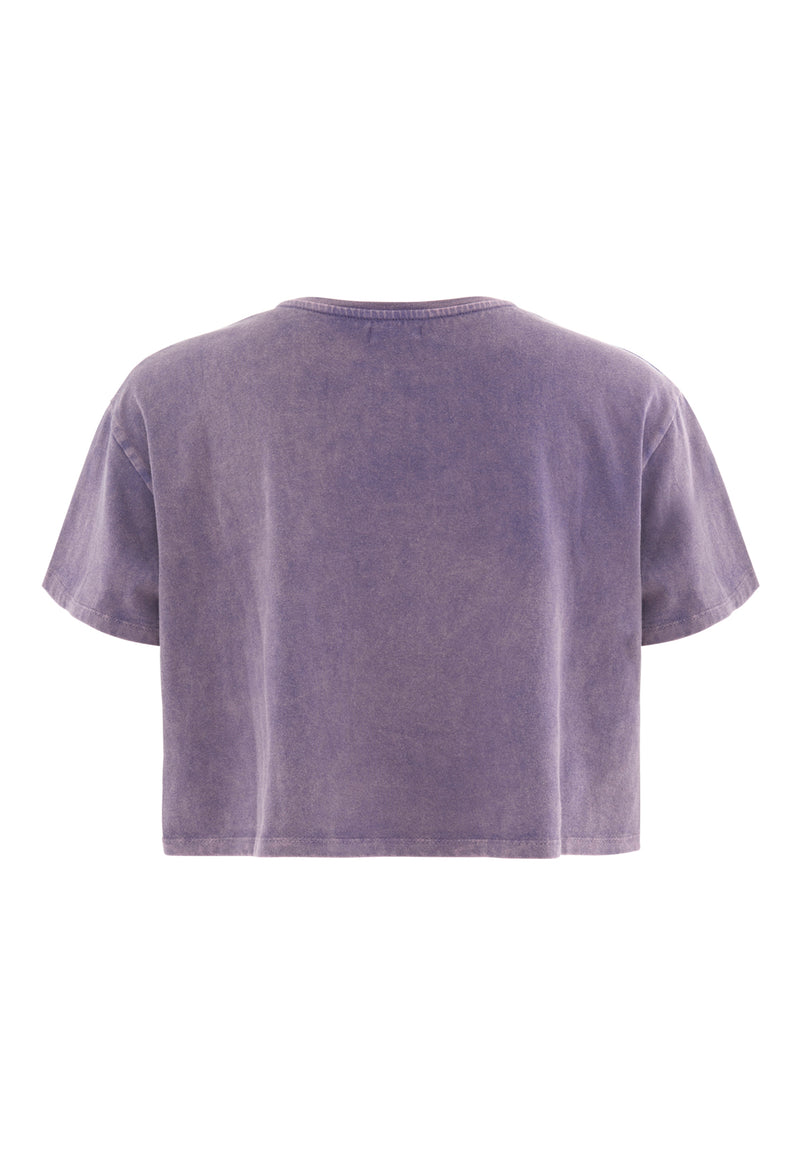 Back view of Teen Violet Varsity Crop T-Shirt by Gen Woo. 