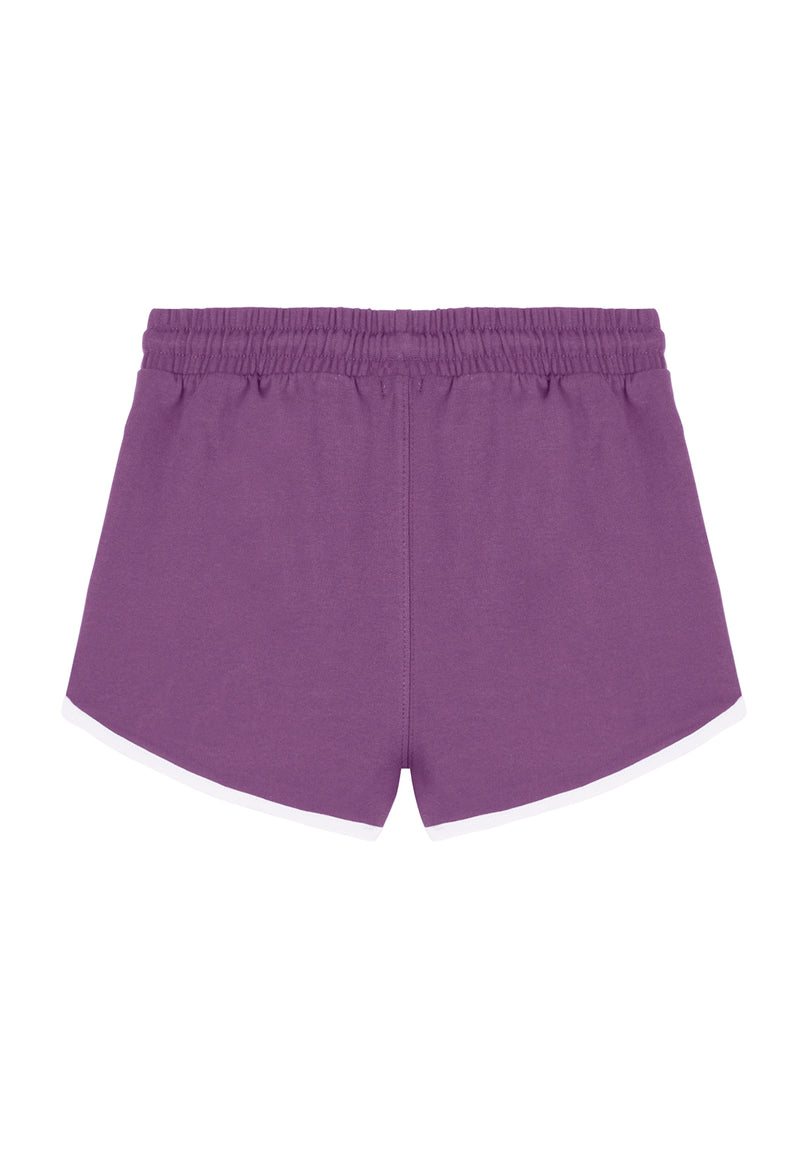 Back of the Purple and White Girls Retro Track Shorts by Gen Woo
