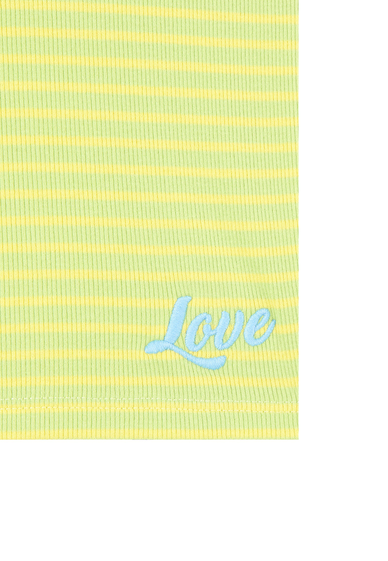 Teen Lime Contrast Spaghetti Vest 'Love' detail.