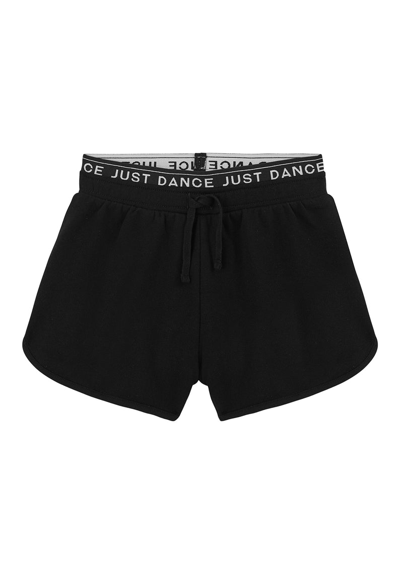 Front of the Black “Just Dance” Girls Sweat Shorts by Gen Woo