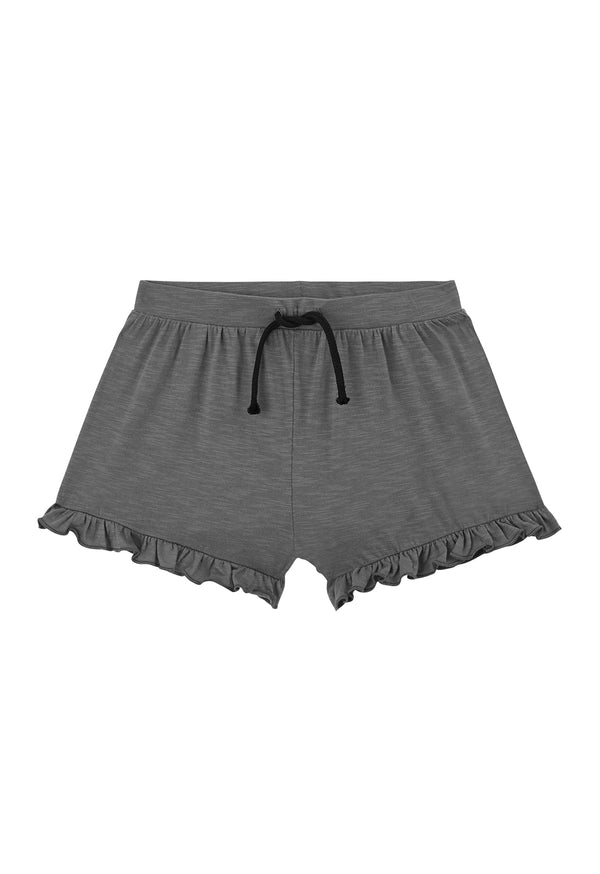 Front of the Charcoal Cotton Peplum Frill Girls Shorts by Gen Woo