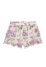 Front of the Pink and Purple Floral Bloom Peplum Girls Shorts by Gen Woo