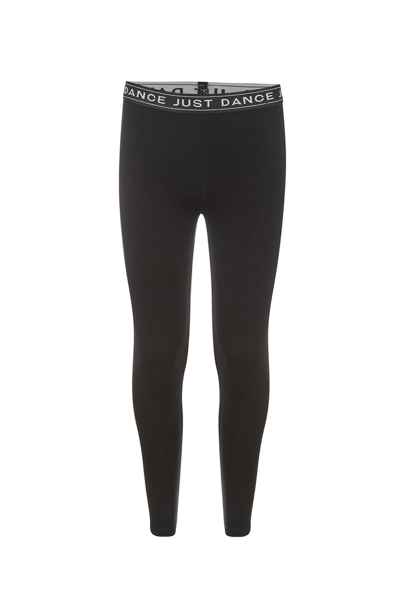 Front of the Black “Just Dance” Ribbed Girls Leggings by Gen Woo
