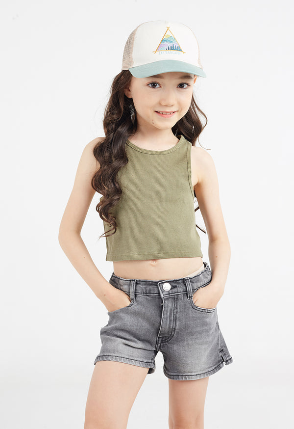  Close-up as the young girl models the Khaki Cropped Girls Tank Top by Gen Woo