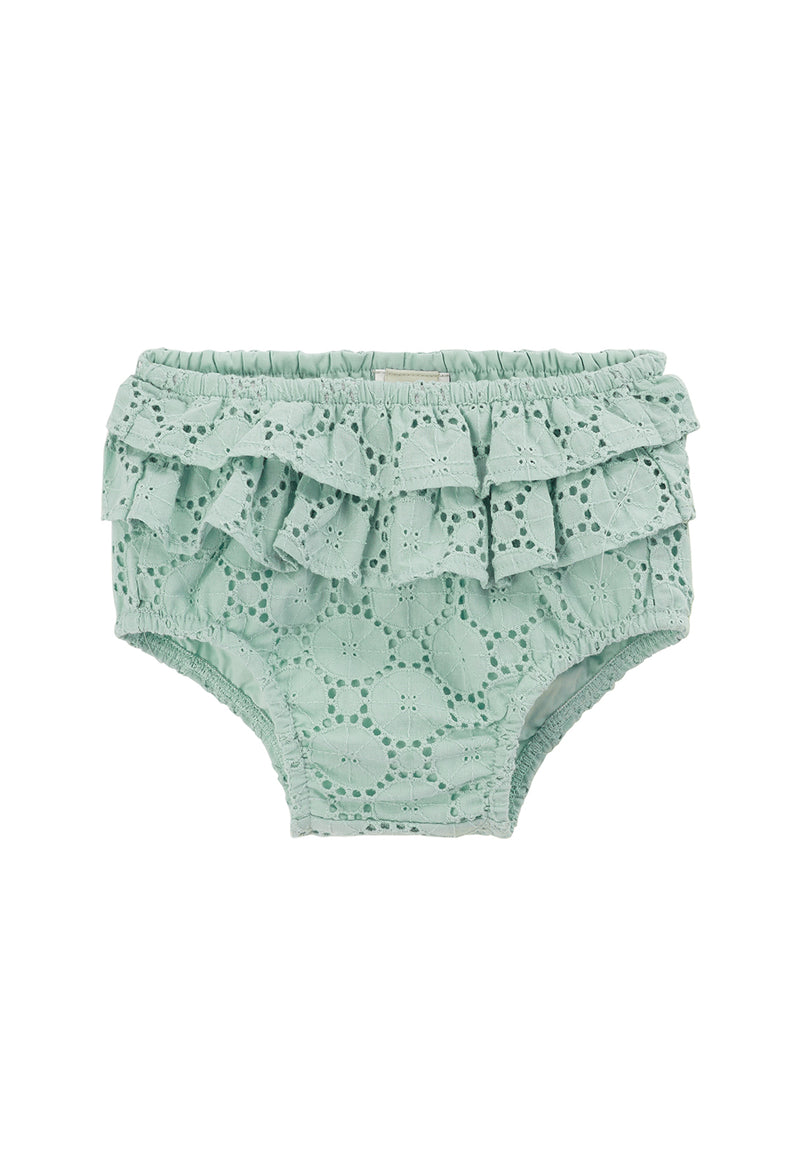 Front of the Mint Broderie Frill Baby Bloomers by Gen Woo