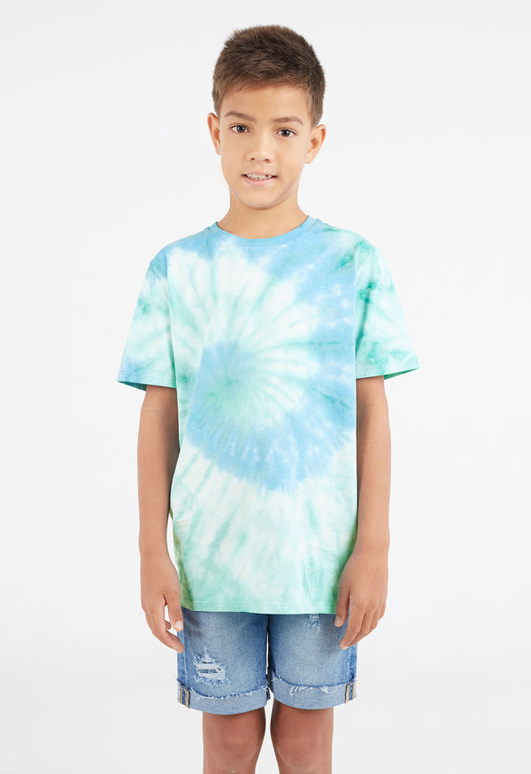 The young boy wears the Boys Aqua and Mint Spiral Tie-Dye T-Shirt by Gen Woo