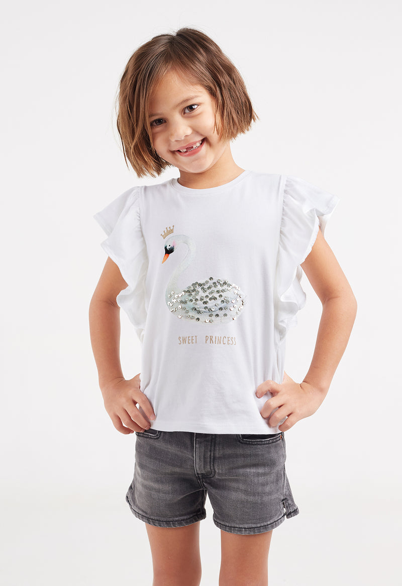 Model poses in Girls Swan Princess Frill T-Shirt by Gen Woo.