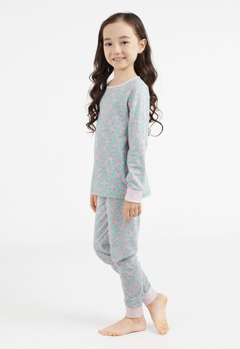 Side view of Girls Long Ditsy Floral PJ Set by Gen Woo.