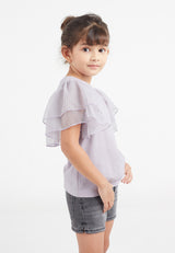 Model wears Girls Lavender Tulle Sleeve T-Shirt by Gen Woo.