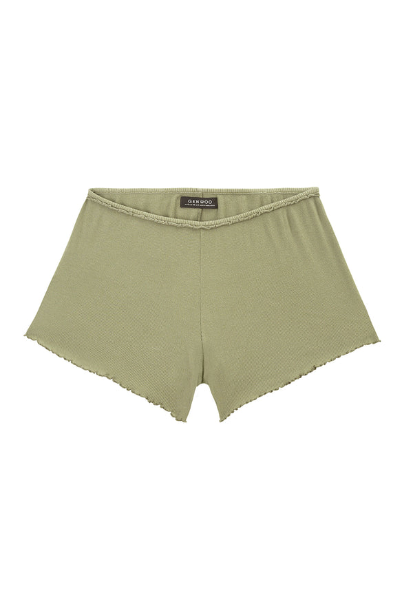 Ladies Shorts by Gen Woo. Our loose knit lounge shorts is high rise with elasticated waist. The green washed out shorts is suitable for home loungewear or nightwear. Please note that each washed out garment will have colour shade variation. –Front view