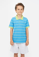 Model wears Blue Striped Boys Polo T-Shirt by Gen Woo. 
