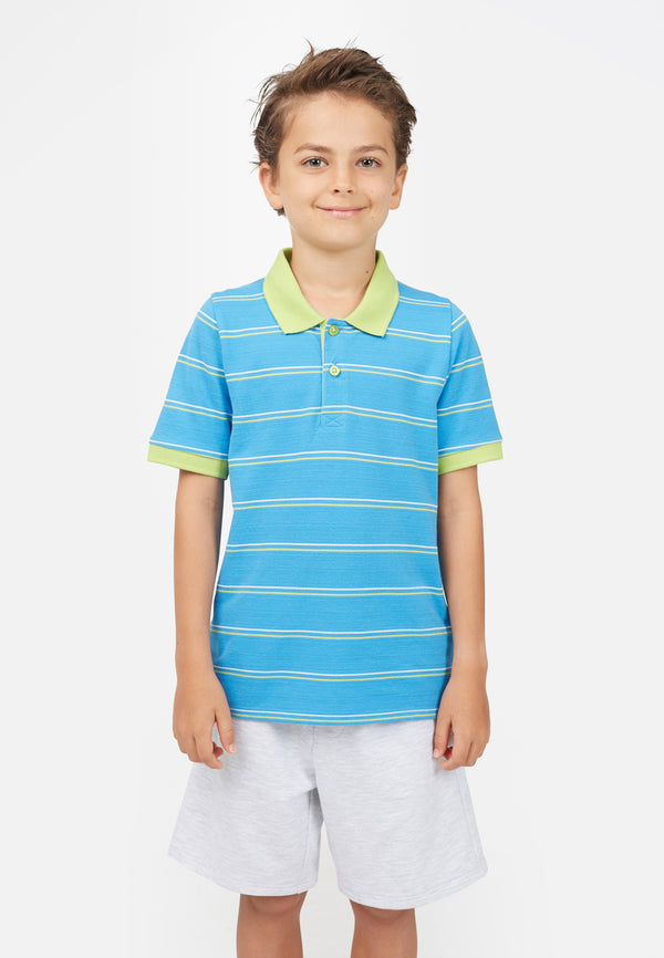 Model wears Blue Striped Boys Polo T-Shirt by Gen Woo. 
