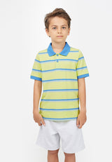 Model wears Lime Striped Boys Polo T-Shirt by Gen Woo. 