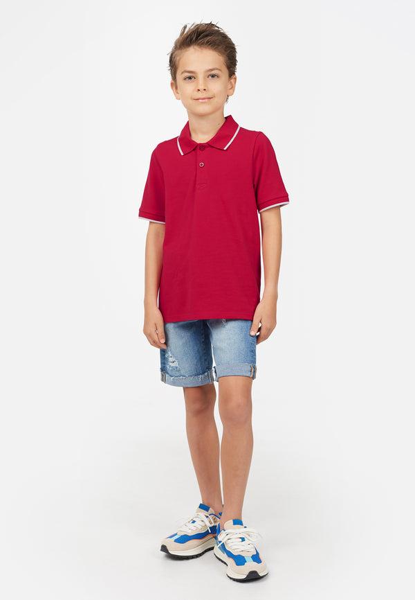 Model wears Berry Red Contrast Boys Polo T-Shirt by Gen Woo. 
