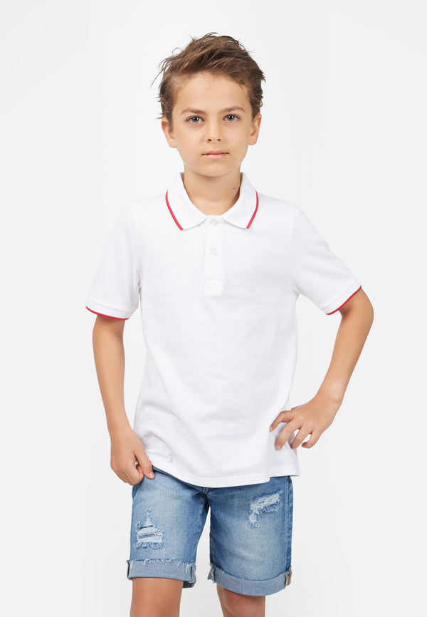 Model wears White Contrast Boys Polo T-Shirt by Gen Woo. 