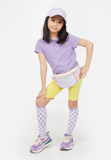 Model wears Violet Embroidered Girls T-Shirt and Yellow Cycling Shorts by Gen Woo. 