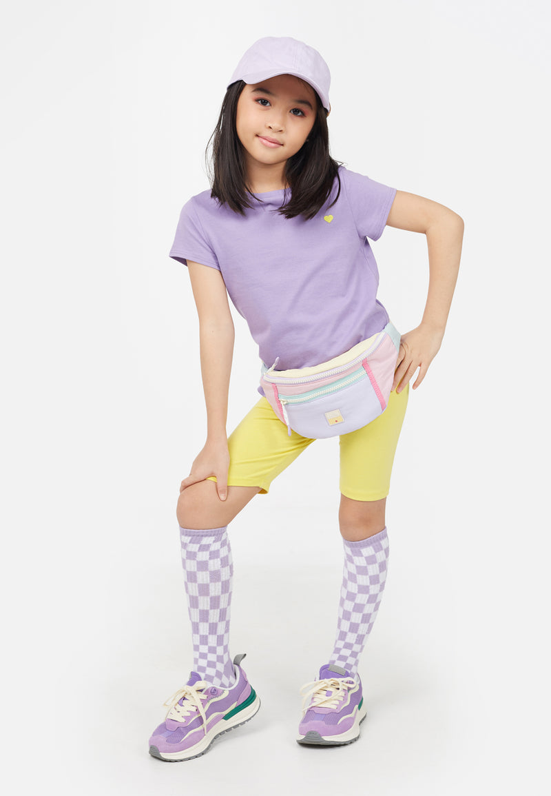 Model wears Violet Embroidered Girls T-Shirt and Yellow Cycling Shorts by Gen Woo. 