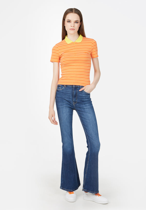 The model wears the Orange and Yellow Retro Striped Ladies Polo T-Shirt by Gen Woo