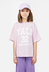 Model wears 'Yale University' Teen Lavender Varsity T-Shirt by Gen Woo.