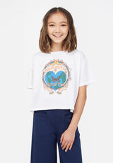 The young girl wears the “Focus on the Earth” Cropped Graphic Tee by Gen Woo