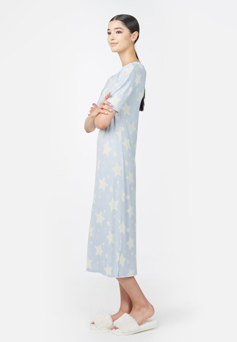Side view of model wearing Star Print Ladies Oversized Nightdress by Gen Woo. 